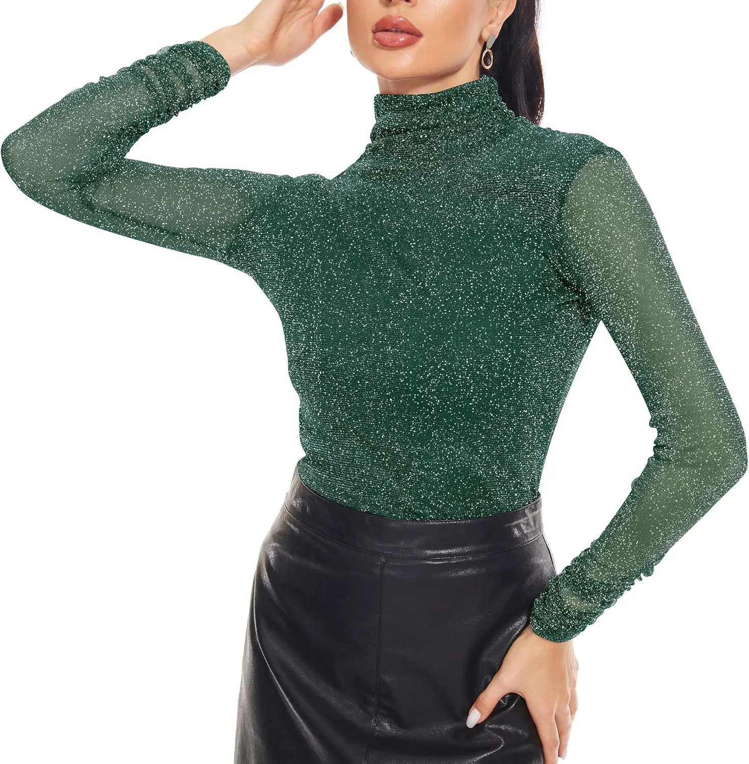 Women's Turtleneck Top Long Sleeve Slim Fit Shirts Mesh Sheer See Through Casual Top