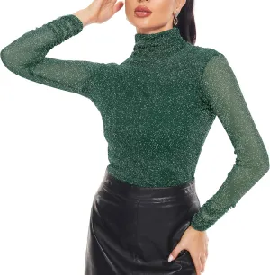 Women's Turtleneck Top Long Sleeve Slim Fit Shirts Mesh Sheer See Through Casual Top